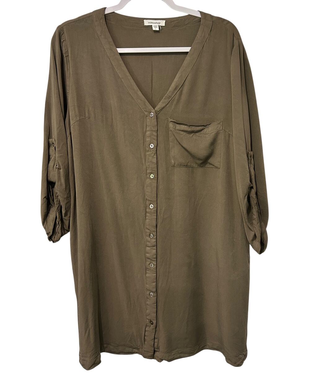 Mittoshop Olive Tunic Shirt Minimalist Roll Tab Sleeve Pocket Womens L Utility
